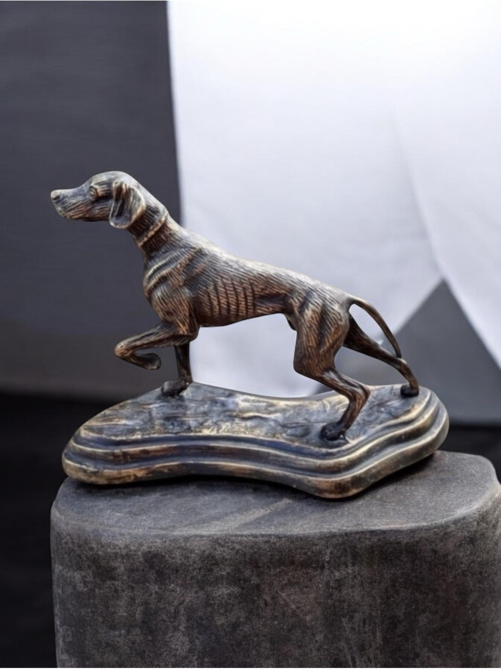 Greyhound Pointer dog Sculpture on Metal Base, Brass bronze vintage hunting dog